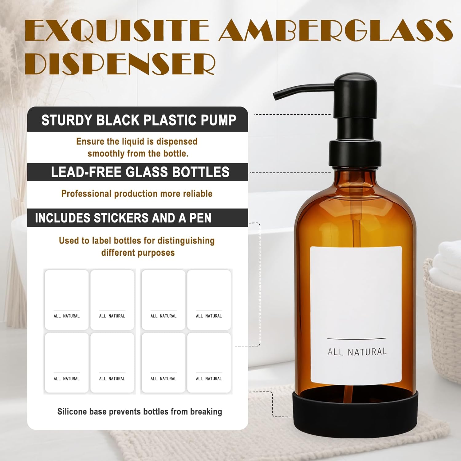 16oz Amber Glass Soap Dispenser Set of 4,Brown Glass Pump Bottles for Bathroom Kitchen,Bathroom Kitchen Hand and Dish Soap Dispenser Set,Modern Brown Soap Dispensers Bottles