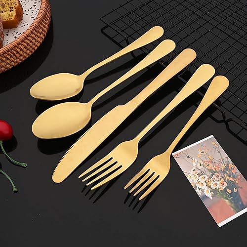 Miniatura 6 de JASHII Juego de cubiertos con acabado satinado, 20 piezas, servicio para 4, juego de cubiertos chapados en titanio, juego de utensilios de oro mate,