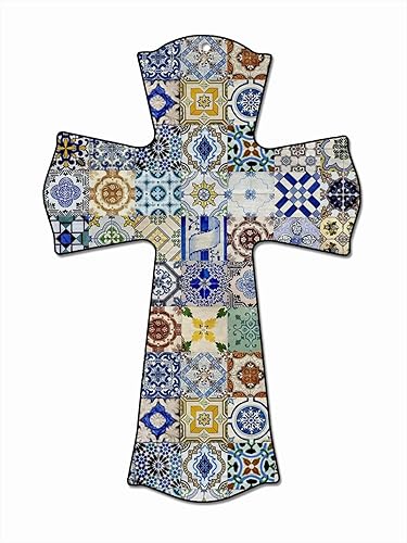 CALUOHO Cruz de pared cristiana pintada a mano Talavera cerámica madera cruz, flor pintada a mano, crucifijo mexicano para el hogar, bar, cafetería,