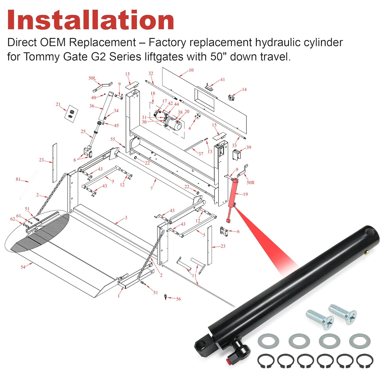 Replacement Hydraulic Cylinder 002559 for Tommy Gate G2 Series 1650 & 2050 Models (50" Down Travel)