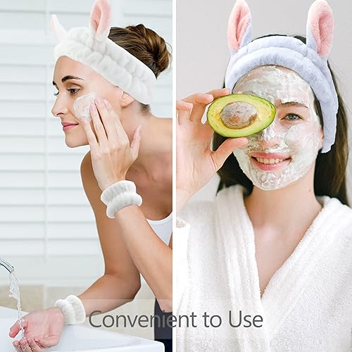 Miniatura 4 de YISSION Juego de 6 diademas y pulseras para lavado facial, orejas de conejo y diademas de spa con pulseras para mujeres y niñas, azul y blanco