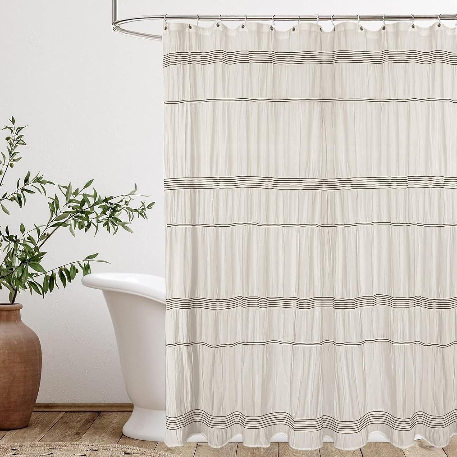 Seasonwood Greige Shower Curtain Farmhouse Shower Curtain Rustic Striped Cotton Blend Fabric Shower Curtains Heavy Weighted Bathroom Decor