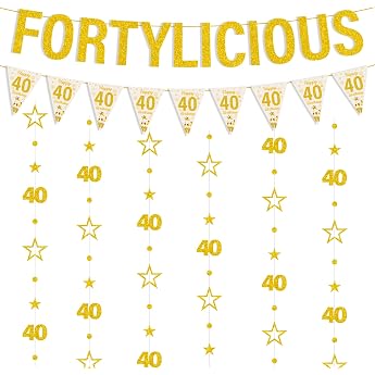 40th Birthday Women Men Decoration   8 Pieces Gold Fortylicious Glitter Banner Twinkle Star Garland Hanging Streamer 6 m Birthday Decoration for 40 Years Party Birthday Party Decoration Garlands