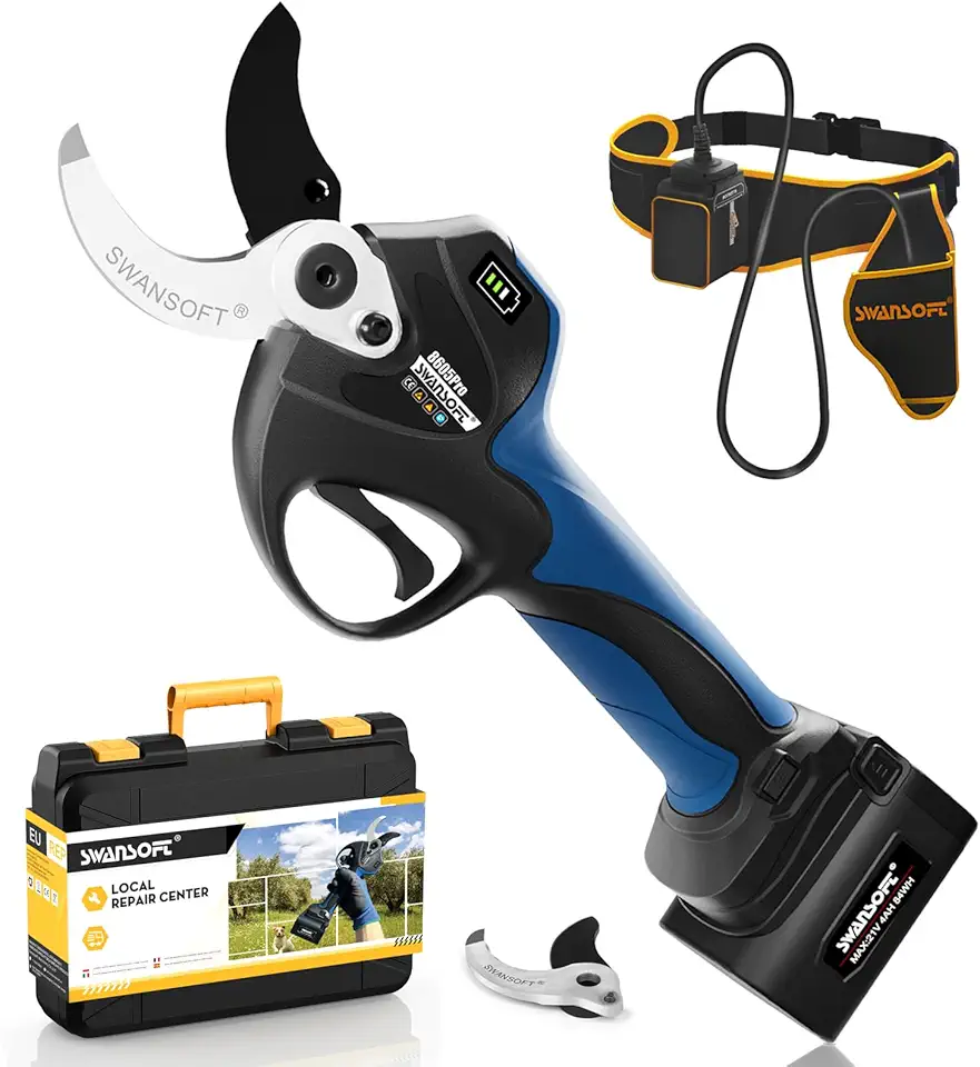 SWANSOFT 40mm tesoura de poda elétrica, tesoura de bateria 21V com bateria de lítio 2x4Ah, para pomar e vinhedo 8605Pro