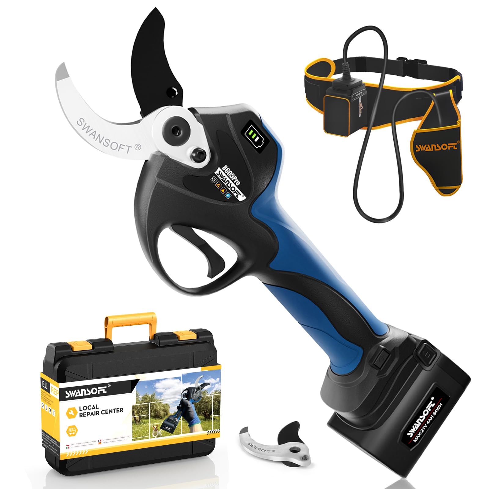 SWANSOFT 8605PRO 40mm Tijeras de Poda Eléctricas Profesional, 21V 4A 1050W | progresivo función, poda de viñedos, agricultor