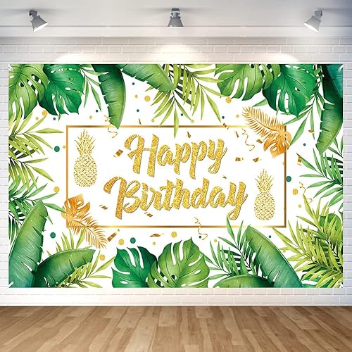 Decoración de fiesta de cumpleaños de hojas de palma tropicales verdes, telón de fondo de fotos de feliz cumpleaños, póster para decoración de