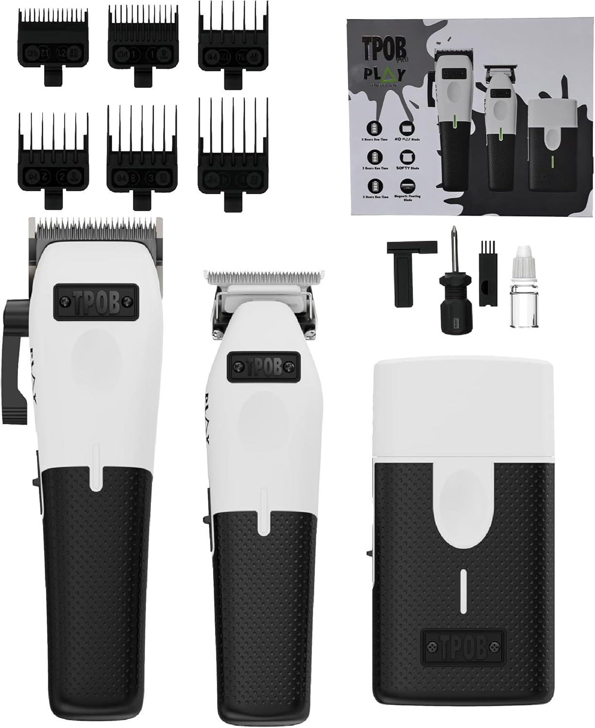 TPOB Play Barber Hair Clippers for Men 7500 RPM with Rubber Grips (White 3 Set)