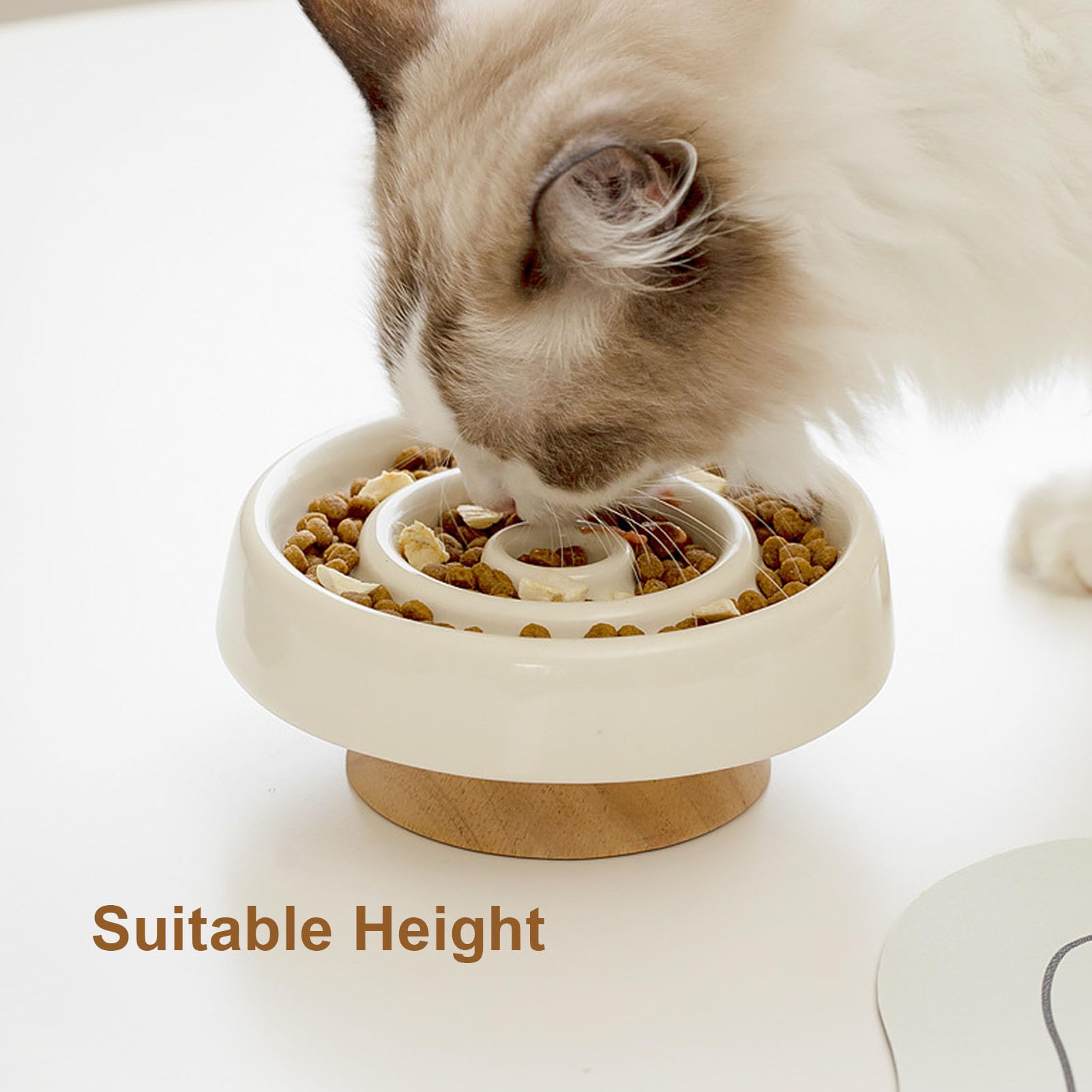 Ciotola per Gatti in Ceramica con Alimentazione Lenta con Base in Legno Rialzata, Mangiatoia Lenta Antiscivolo per Gatti per Prevenire Gonfiore e Soffocamento (Beige chiaro)