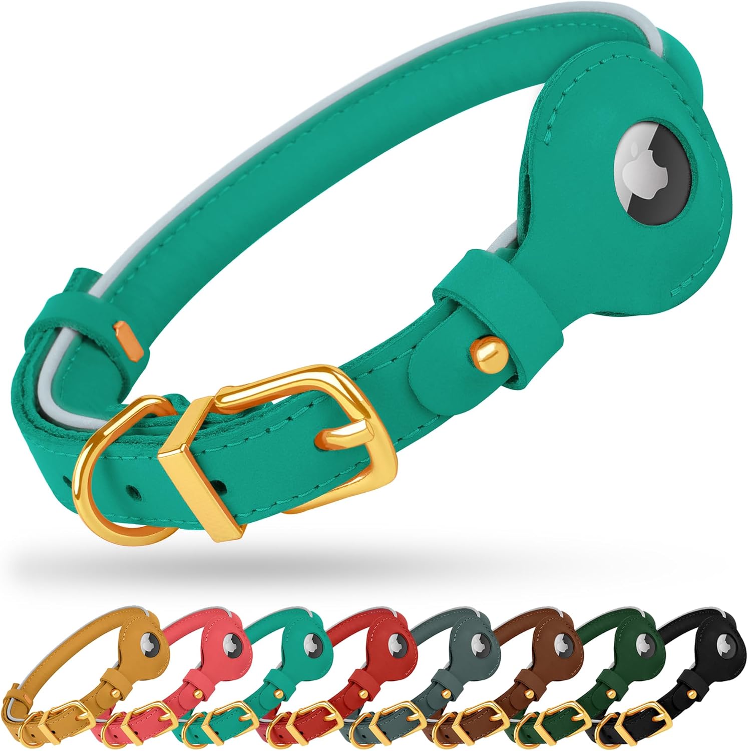 OOPSDOGGY Rolled Leather-based Canine Collar with Airtag Holder – Reflective Spherical Airtag Canine Collar – Tender Monitoring Pet Collar for Small Canines Pet Cats Kitten (Teal, XXS, 7″-9″)