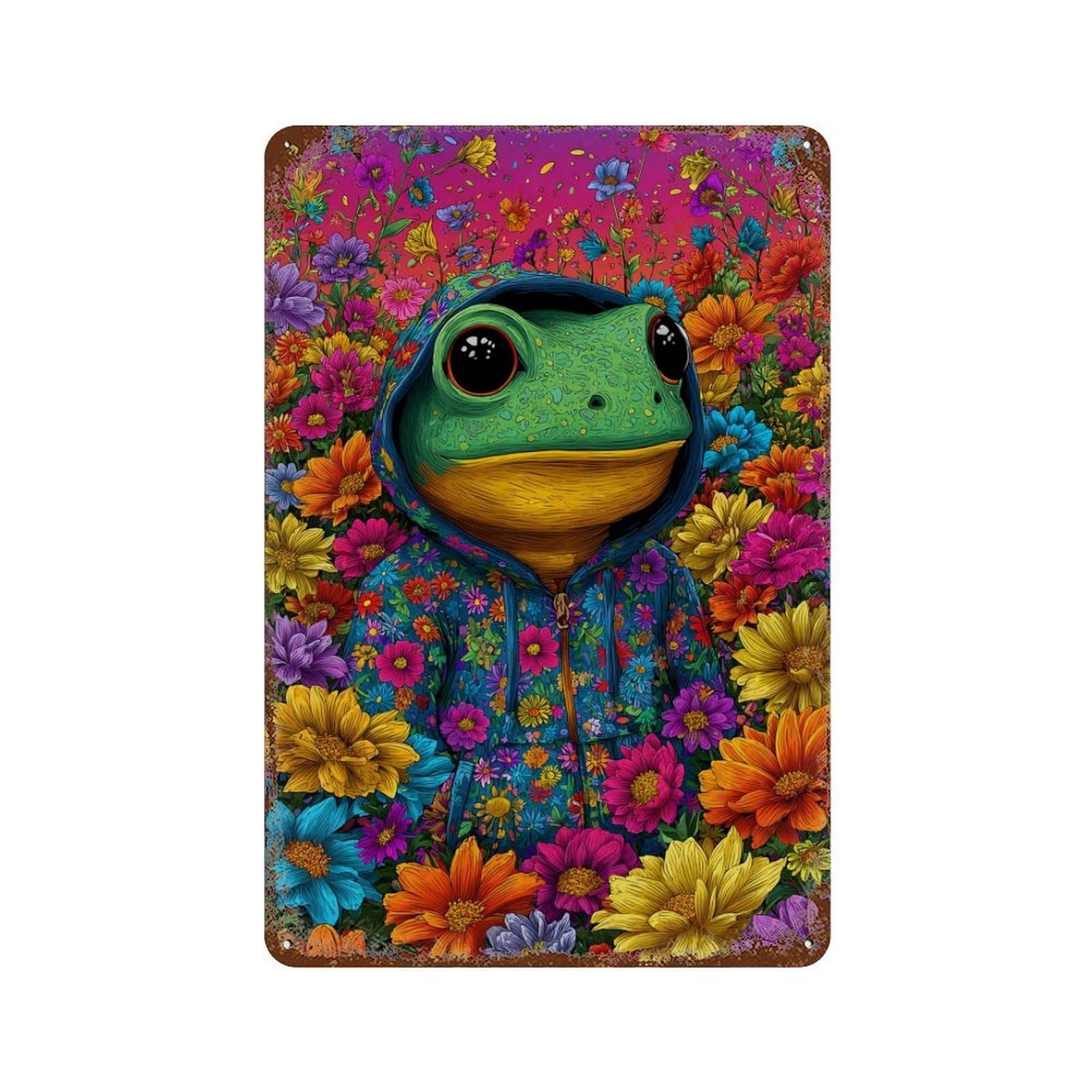 Vintage Rust Metal Sign with Frog in Floral Hoodie Design 11.8"x7.9", for Shed, Workshop And Garage Wall Decor, Classic Wall Plaque