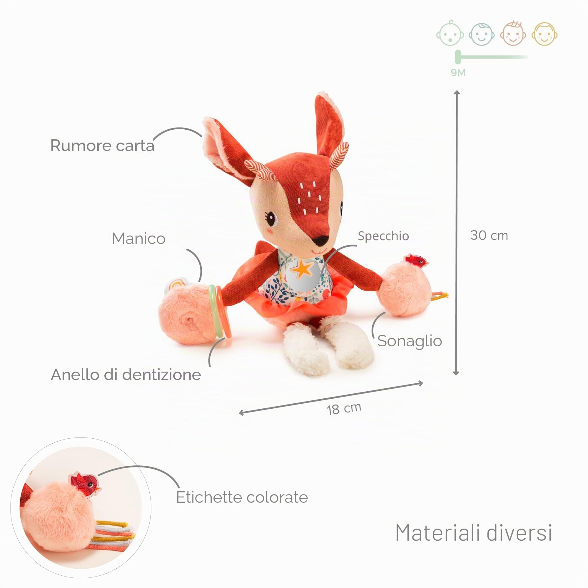 LILLIPUTIENS - Sonaglio attività Stella il Cerbiatto - Peluche interattiva per neonati con specchio, sonaglio e carta frusciante - Stimola i sensi, la motricità e l’immaginazione - Dai 9 mesi - 83300