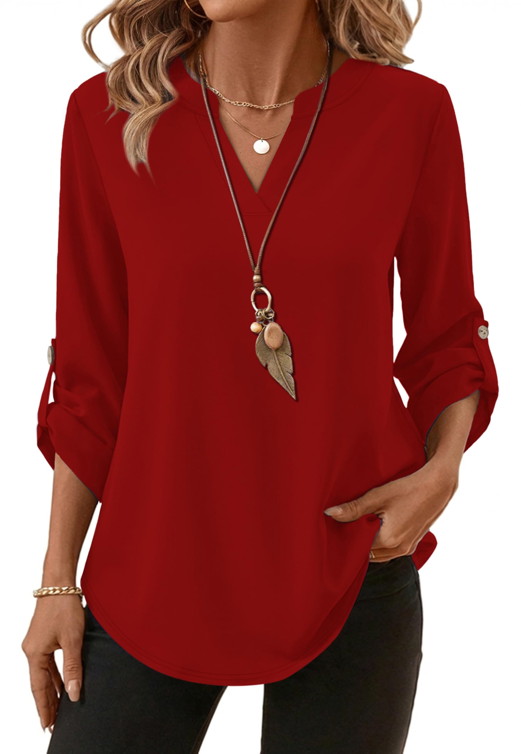 XIEERDUO 3/4 Length Sleeve Womens Tops V Neck T Shirts Both Side Buttons Blouses Business Casual Outfits Loose Fit