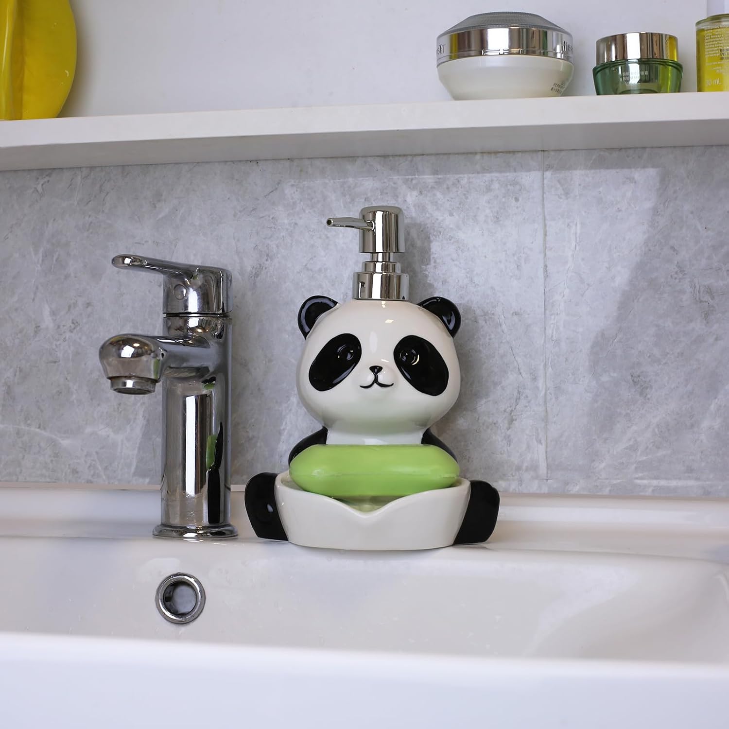 Ceramic Panda Shape Soap Dispenser, 2-in-1 Hand Sanitizer Bottle with Soap Dish, Cute Animal Press Soap Dispenser & Soap Tray, Suitable for Kitchen, Laundry, Bathroom Countertop