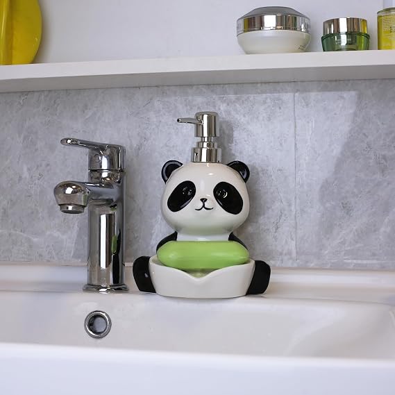 Ceramic panda-shaped soap dispenser, 2-in-1 hand soap bottle with soap dish, cute animal-shaped household soap dispenser and soap dish for kitchen, laundry room, bathroom countertop