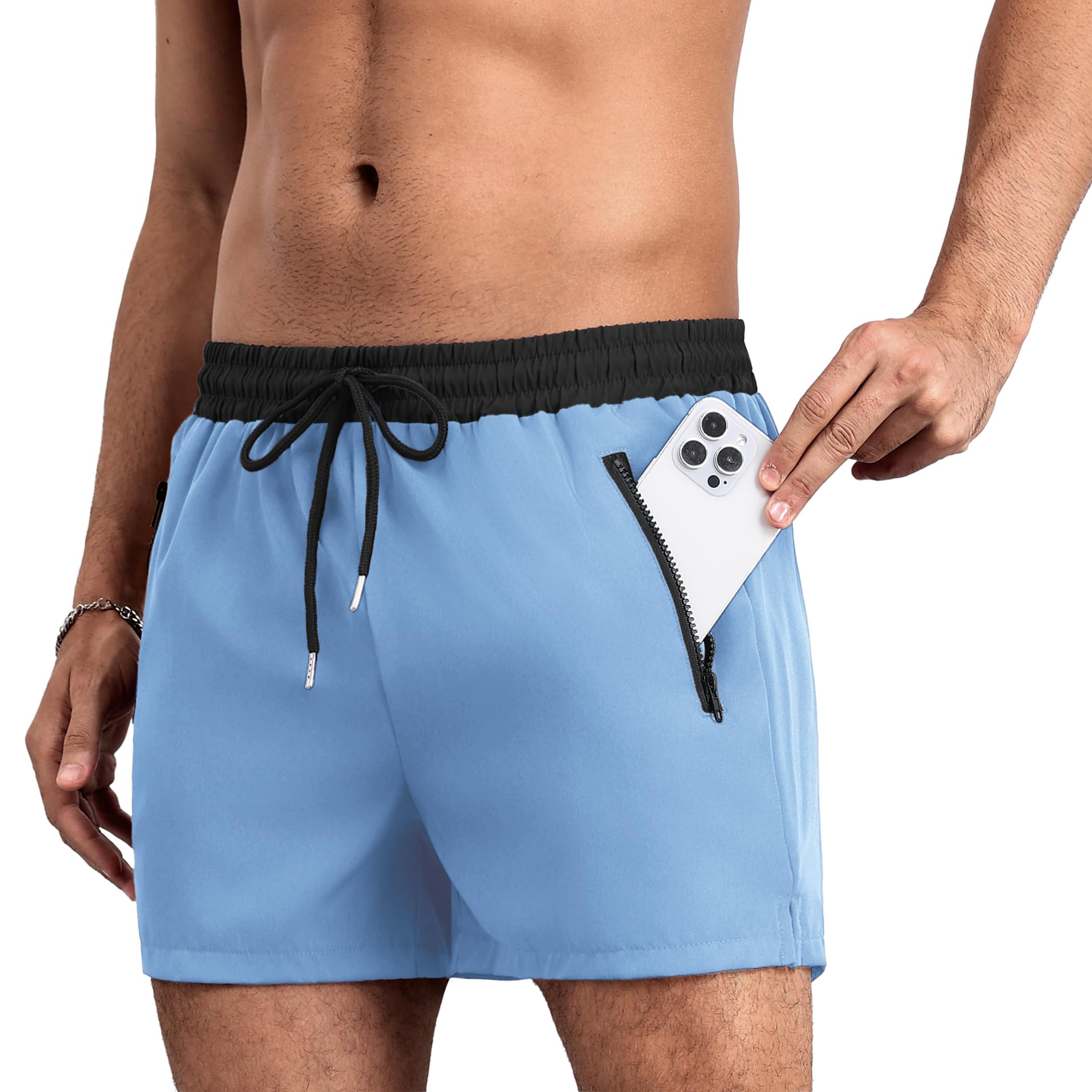 Men's Swim Trunk Swimwear Swimsuit Board Beach Short with Zipper Pocket Blue and Black-image-36