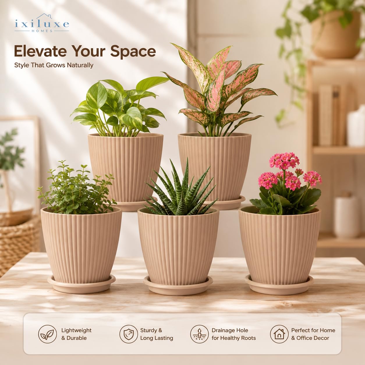 Light Brown Flower Pots Set of 5 - Modern Plant Planters -4 Light Brown Flower Pots Set of 5 - Modern Plant Planters -4