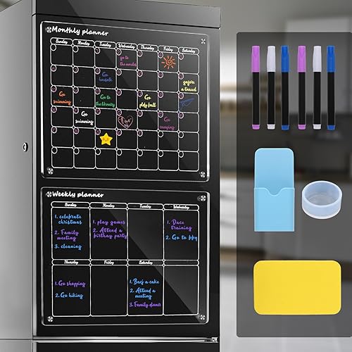 Acrylic Magnetic Monthly and Weekly Calendar for Fridge,2 Set Clear Magnetic Dry Erase Board Calendar for Fridge, Reusable Planner Includes 6