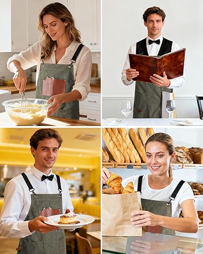 Miniatura 8 de Delantales de chef para hombres profesionales, 3 bolsillos espaciosos, delantal de barbacoa para hombres y mujeres, espalda cruzada ajustable para
