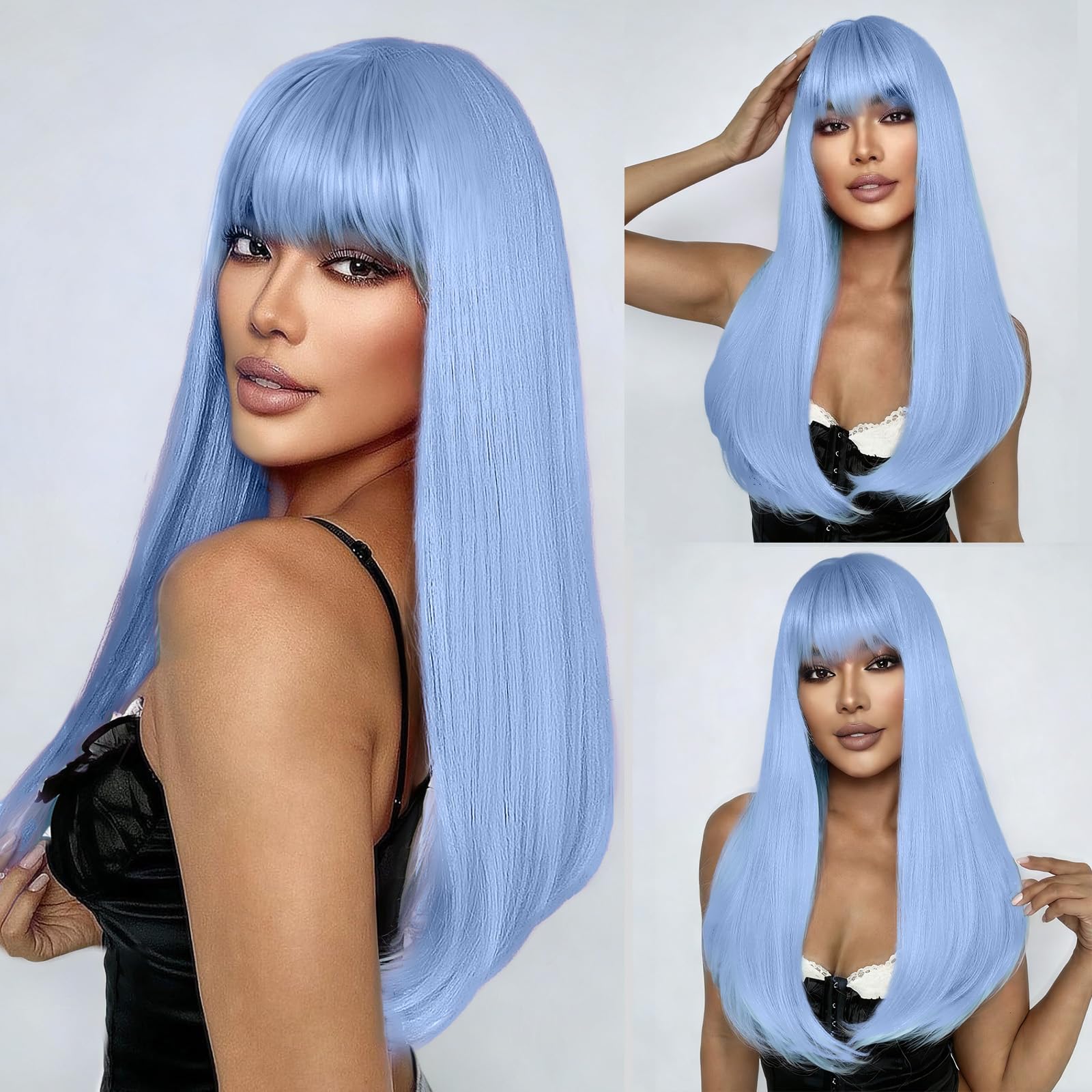 Amazon.com : SUKRI Light Blue Wigs with Bangs Long Straight 