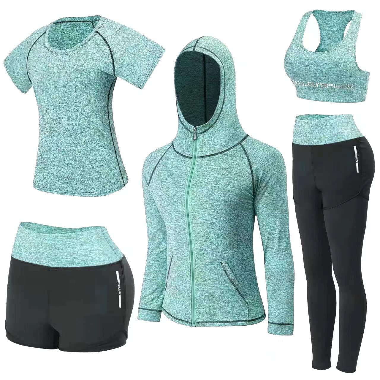 Nesyd Workout Sets for Women 5 Piece Yoga Exercise Gym Outfits Sport Running Athletic Clothing Set Tracksuits Activewear