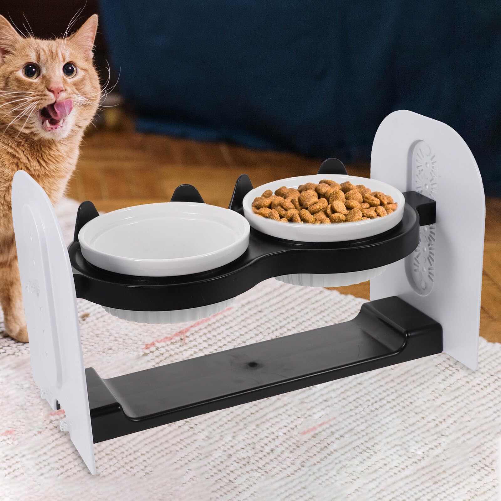 Schräger Katzenfutternapf mit Doppel Schale, Keramik, Schwarz