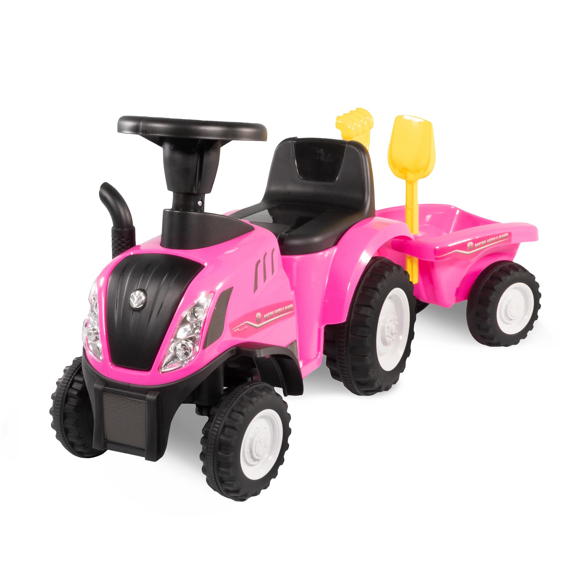 Lemodo Rutschauto Traktor New Holland ab 1 Jahr | Kinderauto mit Anhänger | Rutschfahrzeug mit Schaufel und Rechen | Kinderfahrzeug in pink | Rutscher mit Sound, Licht | Lizenziertes Kinderspielzeug