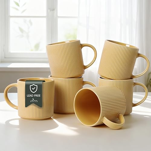 Miniatura 10 de MONITO Juego de 4 Tazas de Café de 16 Oz, Juego de Tazas de Café de Cerámica Rústica con Mango Grande, Tazas de Café de Gres con Rayas Vintage para