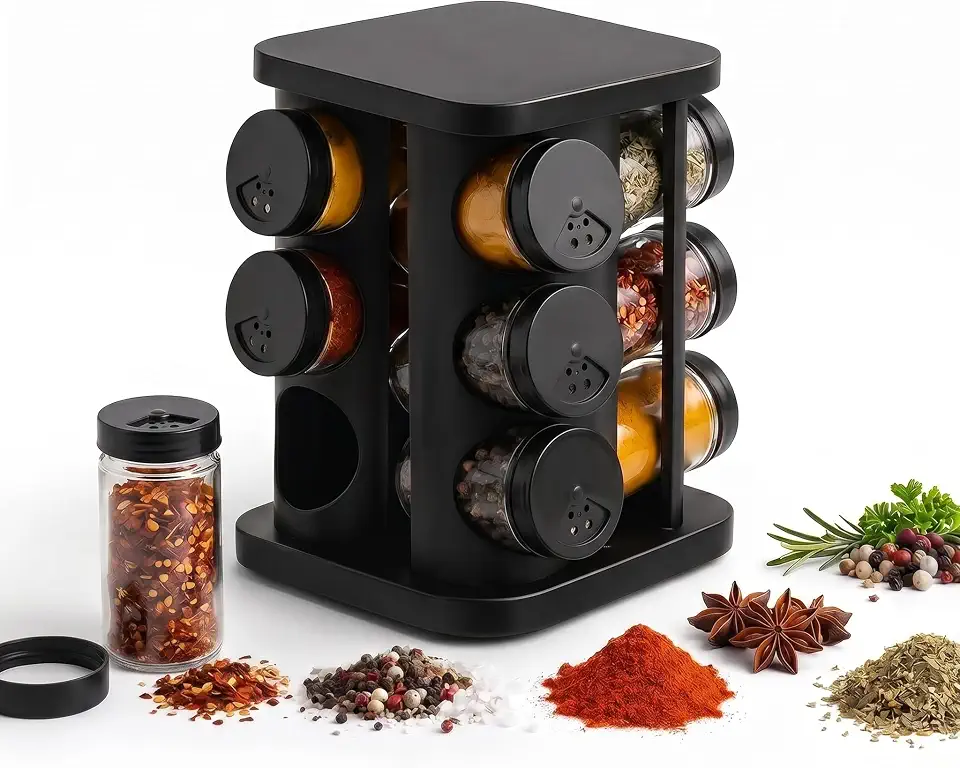 Porta Temperos Premium Giratório 360° com 12 Potes de Vidro 85ml Preto Organizador de Temperos para Cozinha Moderna Suporte Compacto com Tampa Dosadora e Base Rotativa