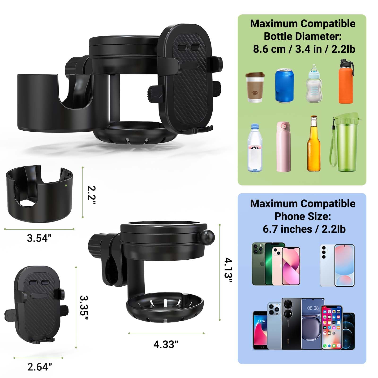ZealSound Porte-gobelets 3-en-1 pour Poussette avec Support téléphone 360° réglable, Porte-gobelets Simple ou Double, Compatible poussettes, fauteuils roulants, vélos et Chariots