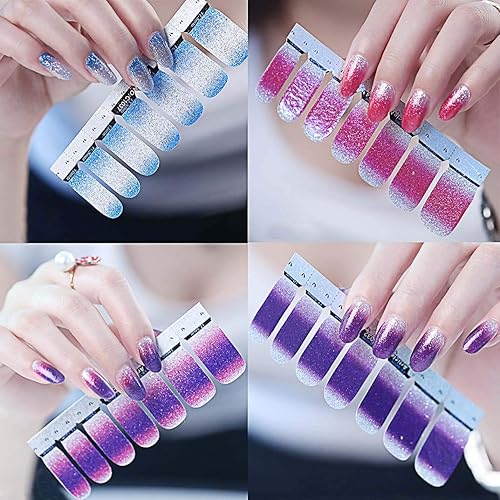 Miniatura 4 de 14 hojas de calcomanías de uñas con purpurina degradada, brillo de color, calcomanías de esmalte de tiras autoasivas para mujeres y niñas