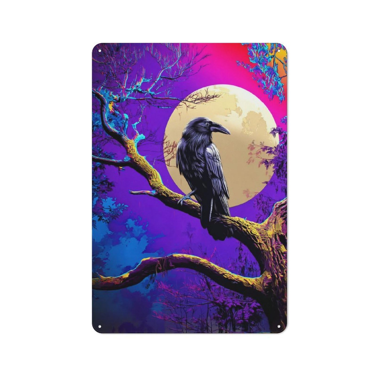 Modern Retro Crow Perched on Moonlit Branch -1 Metal Wall Art Sign 30x20cm, Studio Wall Art for Modern Home, Workshop, Office Or Cafe