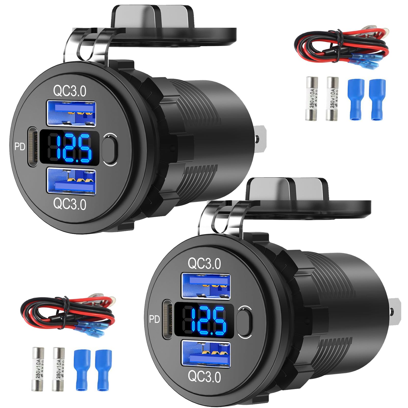 Paquete de 2 enchufes USB de 12 V de plástico para cargador de coche, 3 puertos con voltímetro e interruptor de botón para coche, barco marino