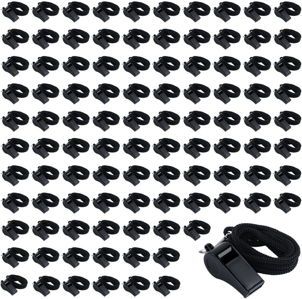 100 Pcs Black Whistles, Loud Sound with Hanging Rope for Coaches, Teachers, Referees & Emergency Training