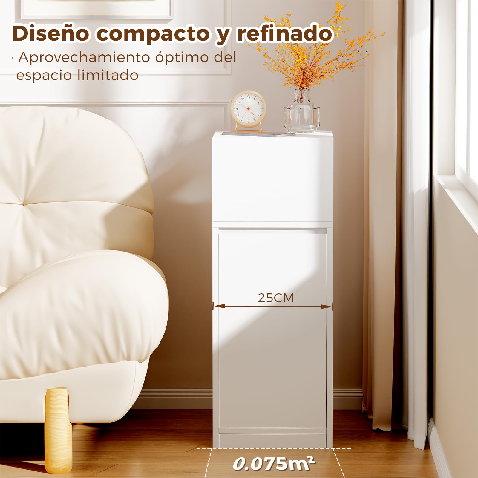 BEWISHOME Mesita de Noche Estrecha Juego de 2 con Compartimento y 1 Puerta | Mesa Auxiliar con Estante 3 Niveles Altura Ajustable,65 x 25 x 30 cm,Dormitorio y Salón,Blanco,EFCG13W