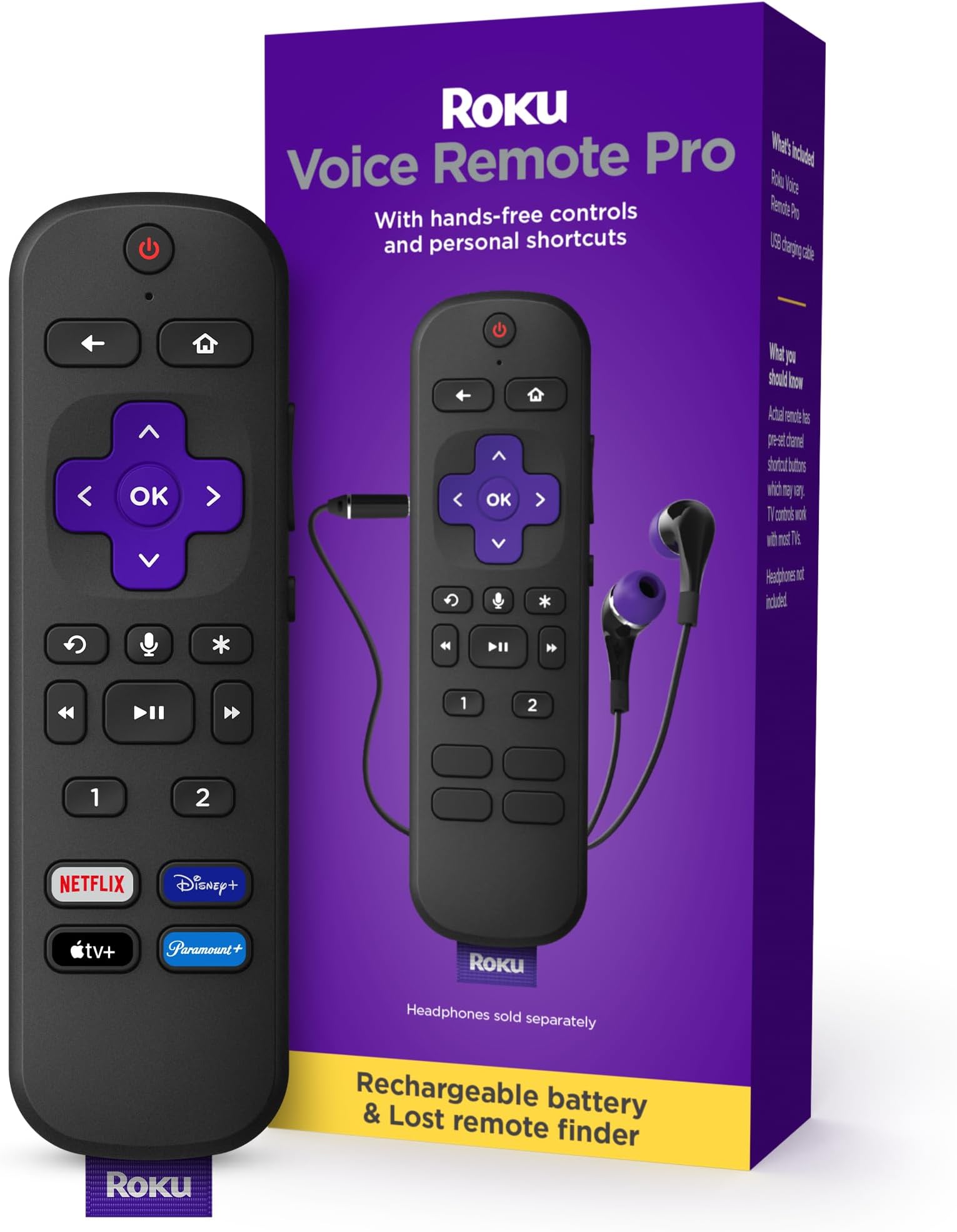 Roku Voice Remote Pro (1st Ed.) | Rechargeable TV Remote Control with Hands-free Voice Controls, Headphone Mode, & Lost Remote Finder - Replacement Remote Compatible with All Roku TV, Players & Audio