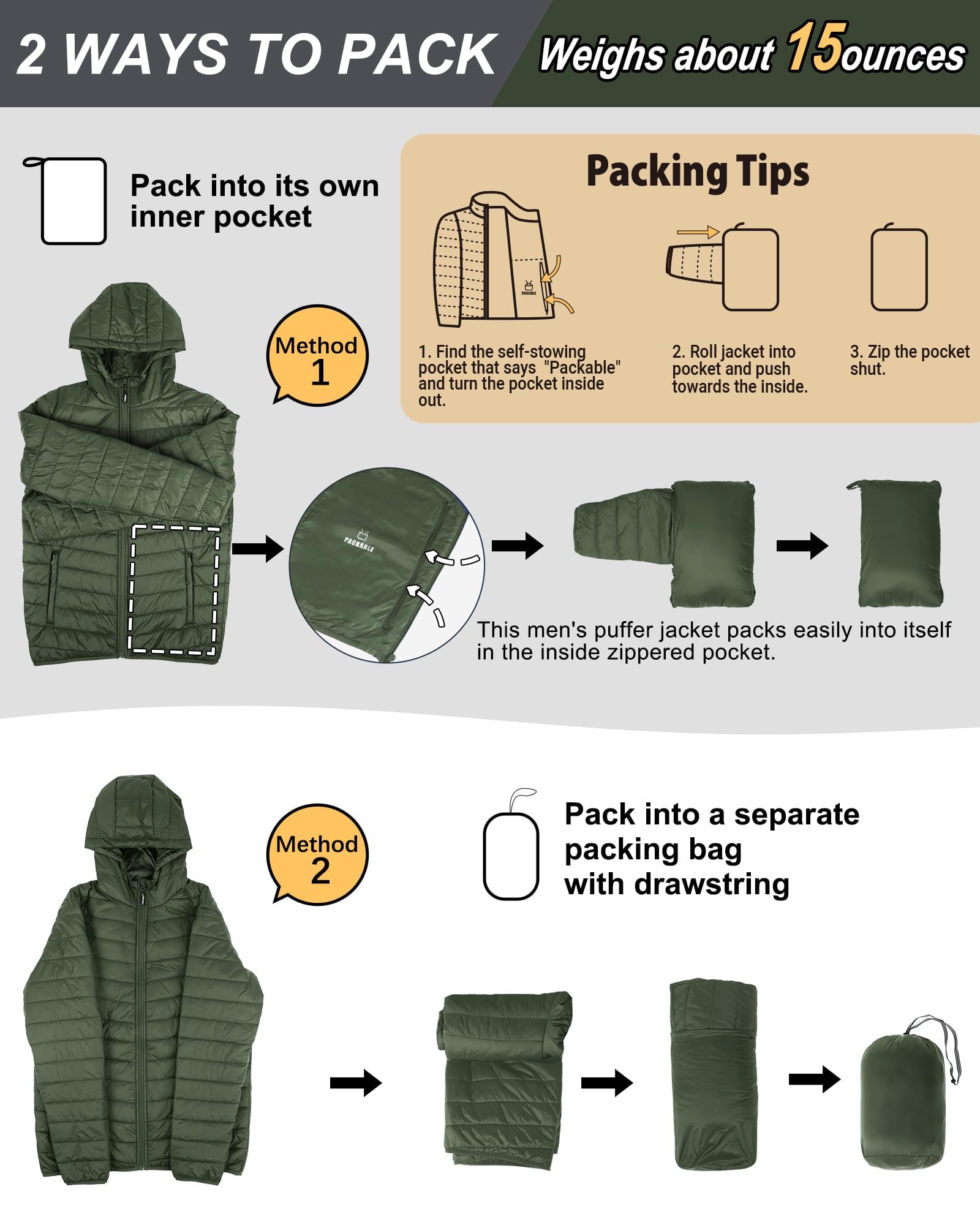 Outdoor Ventures Chaqueta acolchada para hombre, ligera, impermeable, con capucha, abrigo hinchable, chaqueta de invierno para hombre, con bolsillos, para senderismo, camping, viajes