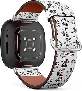 CJBROES Replacement Leather Watch Band, Compatible with Fitbit Versa 3 and Fitbit Sense of Wristband Bracelet Accessory - paw Footprints Dog cat