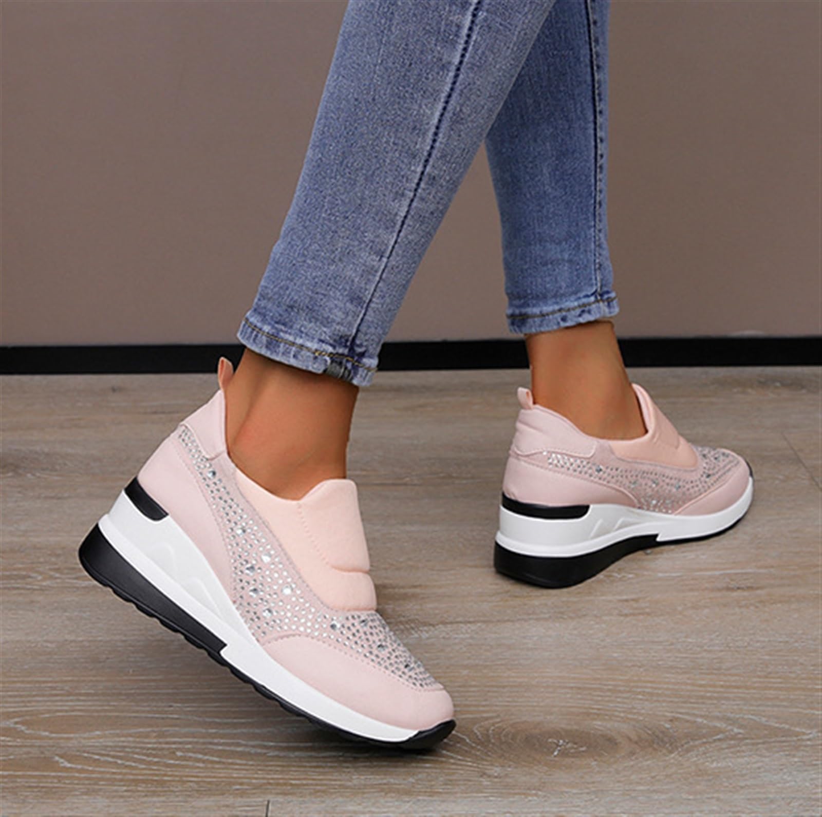Donna Strass Zeppa Scarpe da Ginnastica Altezza Nascosta Aumento di Altezza Top Alto Punta Tonda Scarpe Sportive in Pelle Allacciate da Matrimonio Escursioni Outdoor Scarpe da Ginnastica
