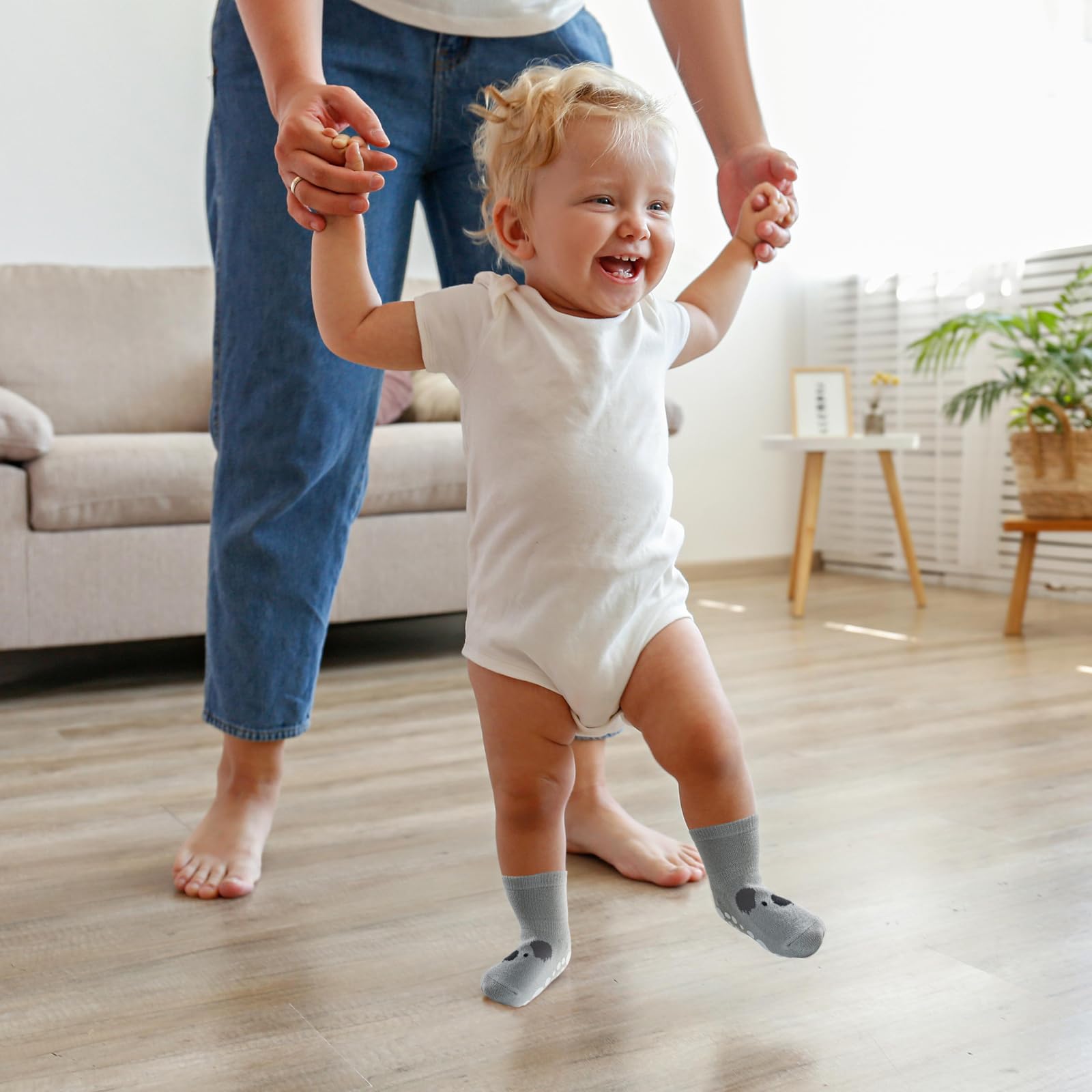 SockWaddles calzini stopper per bambini, 5 paia di calzini ABS traspiranti e antiscivolo per bambini, calzini gattonanti per bambini in cotone, calze per bambini e bambine con animali e unicorni