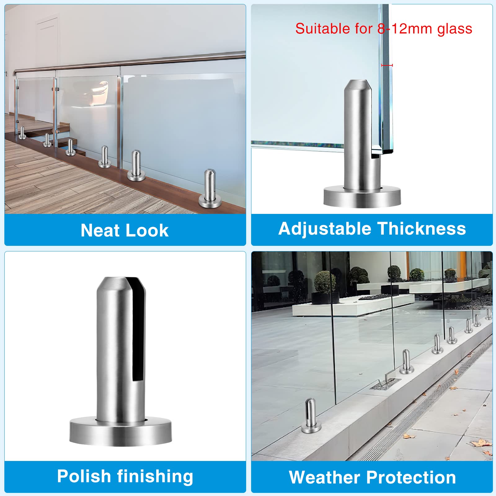 Morsetto in Vetro, Supporto in Vetro Inox 304, 8-12mm Staffa in Vetro Regolabile, Morsetto per Vetro in Acciaio Inox, Ringhiera per Piscina Vetro Per Ringhiera Balaustra Per Balcone Piscina