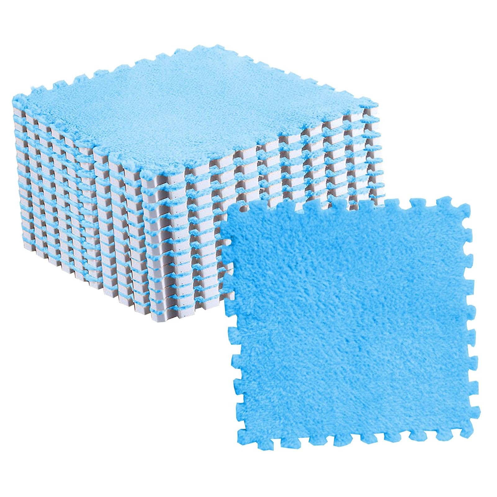 TOPINCN Dalles de Moquette Emboîtables en Peluche Douce, 10 Pièces de Dalles de Tapis en Mousse de Sol Puzzle Adaptées à la Chambre/Salon, Conception et Lavable (Bleu Ciel)