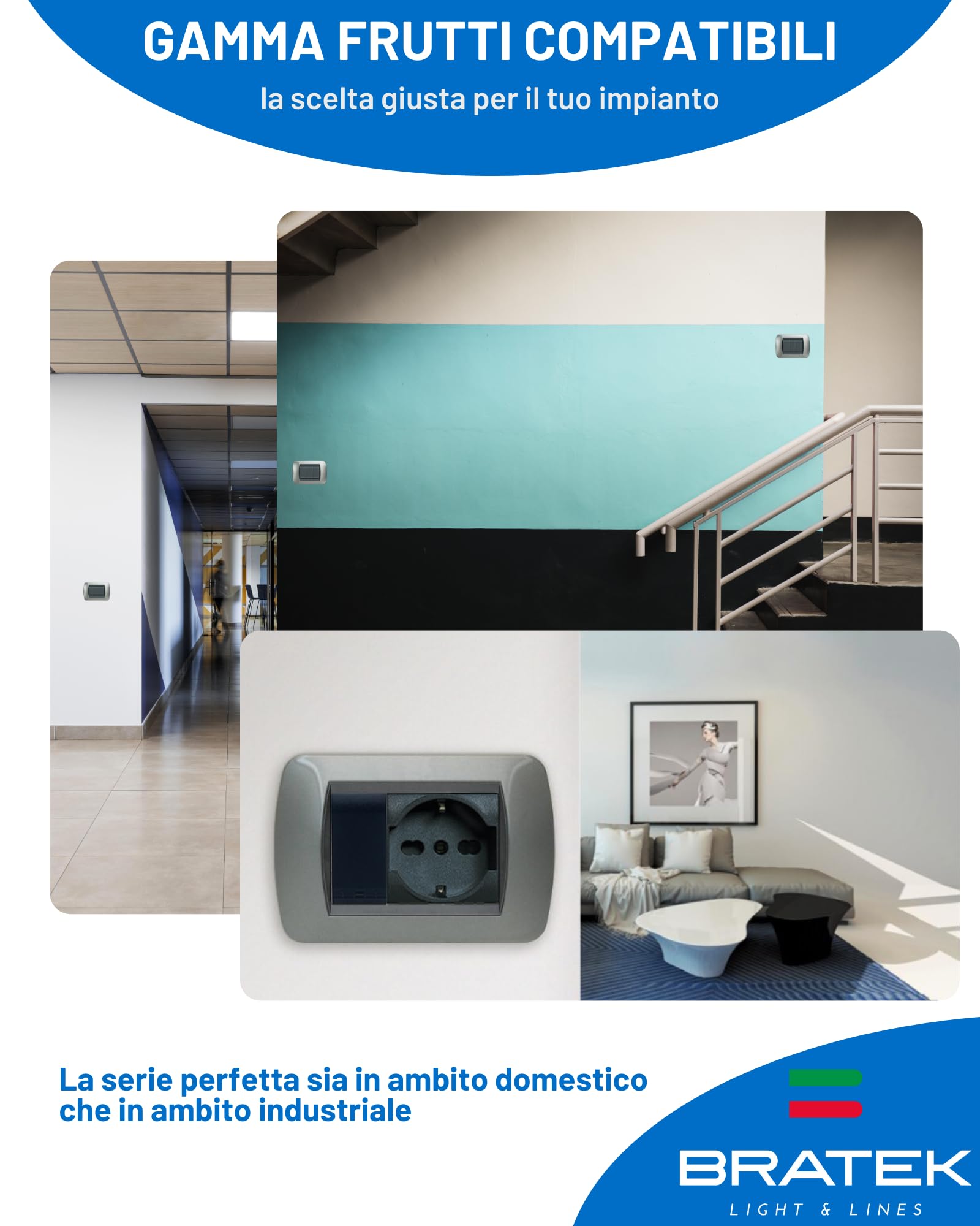 Bratek 2 Prese Schuko Compatibile Bticino Living Light e International 2P+T 10/16A - Presa Elettrica a Muro Tedesca + Bipasso Italiana Antracite x Supporti B Ticino Livinglight e Living International