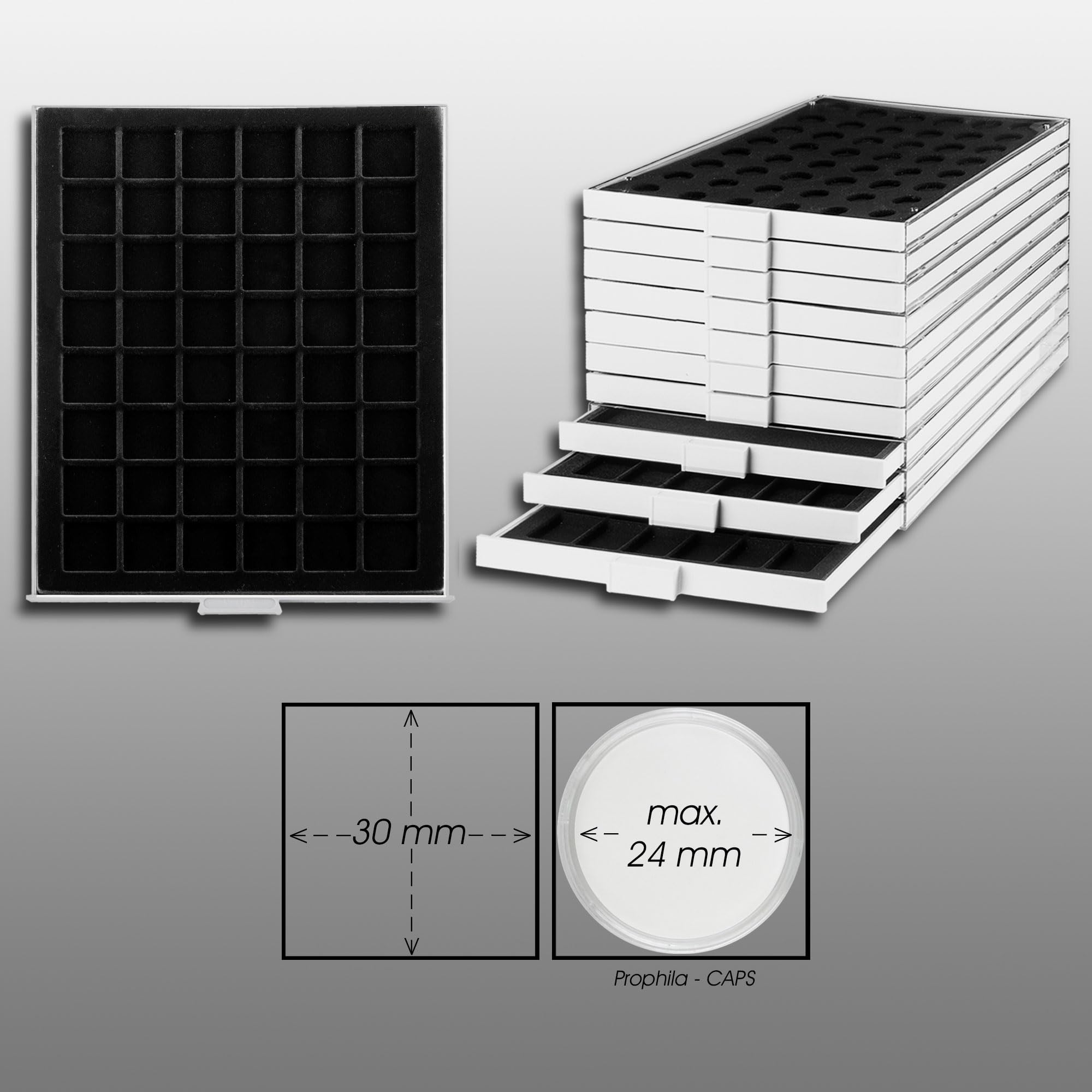 Prophila coin box gray 48 angular compartments for coins up to 30 mm (1 Oz. Canada/Maple Leaf Gold), black insert - Image 2