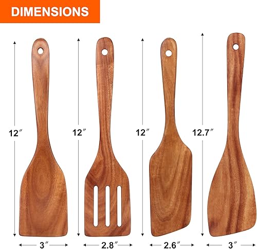 Miniatura 5 de La mejor espátula de madera para cocinar, utensilios de cocina antiadherentes, juego de 4 espátulas de madera de teca, espátula plana ranurada para