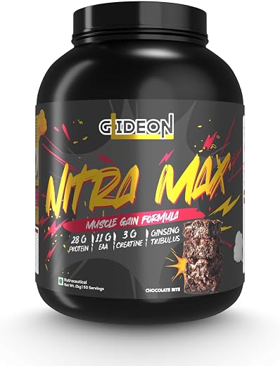 Glideon Nitra Max Muscle Gain Formula - 28g Protein with 3g Creatine, 11g EAA, Ashwagandha, Ginseng & Tribulus - Zero Suga...