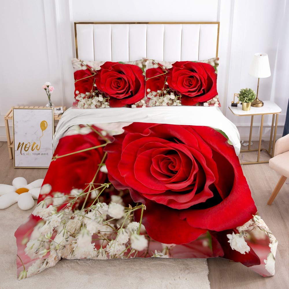 Set di biancheria da letto con stampa 3D, rosso rosa, copripiumino romantico, rosa, per ragazze e adulti, decorazione per la camera da letto