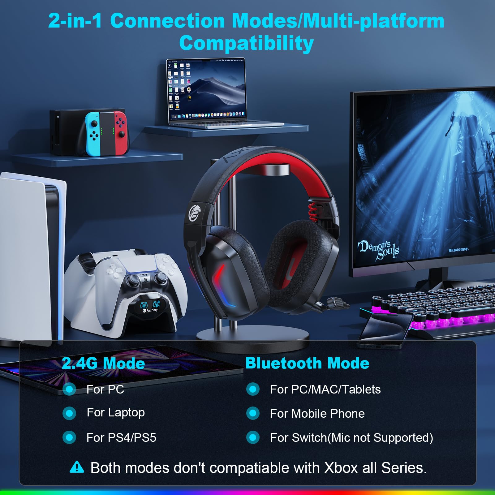 Fachixy FC300 Cuffie Gaming Wireless Per PC, PS5, PS4, Mac - 2,4 GHz e Bluetooth senza perdite - 50 ore di batteria, driver da 50 mm, luci RGB, audio spaziale, Nero-Rosso