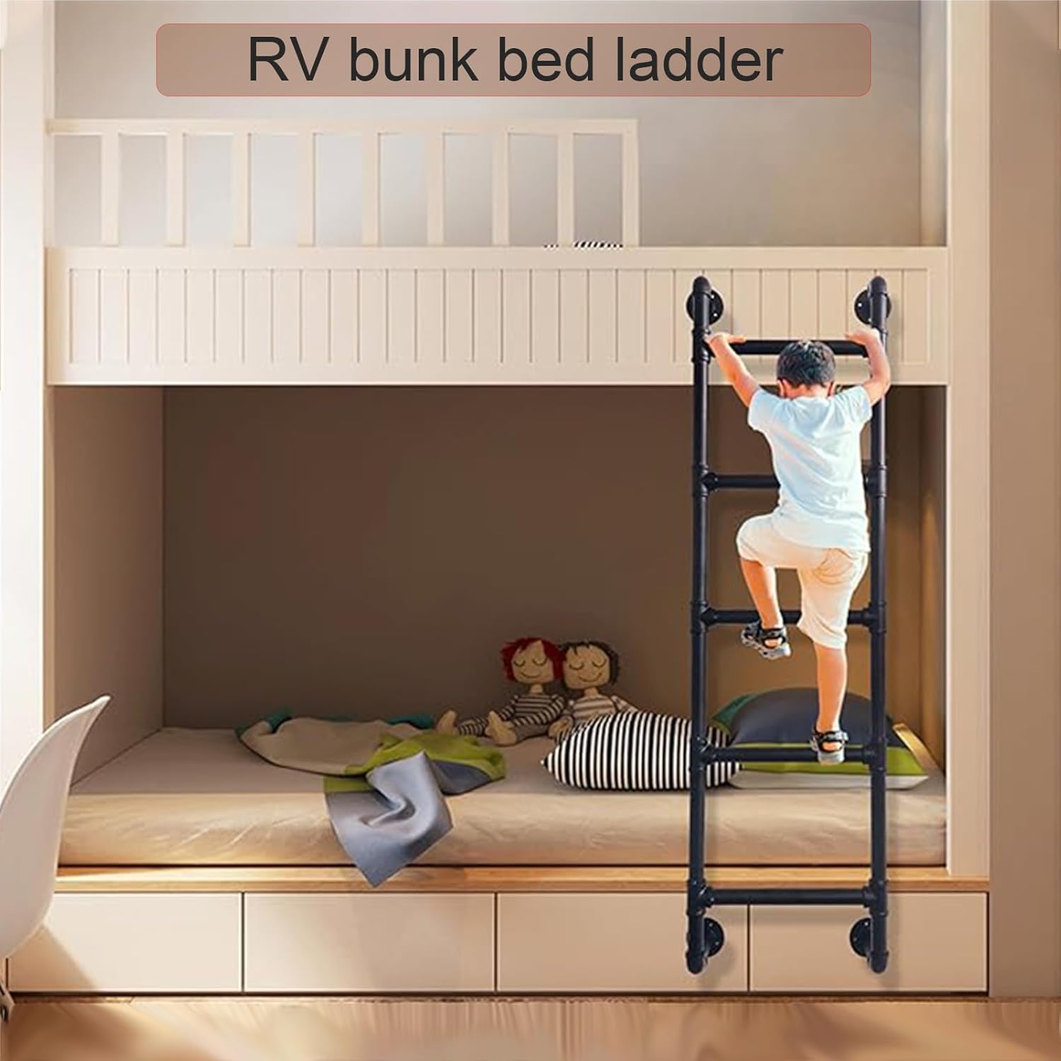 3FT Egress Ladder for Window Wells, Attic & Bunk Bed Step Ladder, Wall-Mounted Metal Design, Ideal for High Beds, RVs, Dorms, & Apartments, Supports 330lbs (Black, 3 Steps)