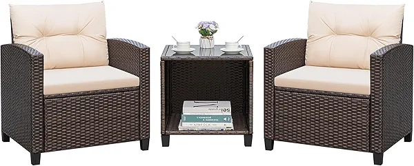 Greesum 3 Pieces Patio Furniture Sets Outdoor PE Rattan Wicker Chairs with Soft Cushion and Glass Coffee Table for Garden Backyard Porch Poolside, Beige