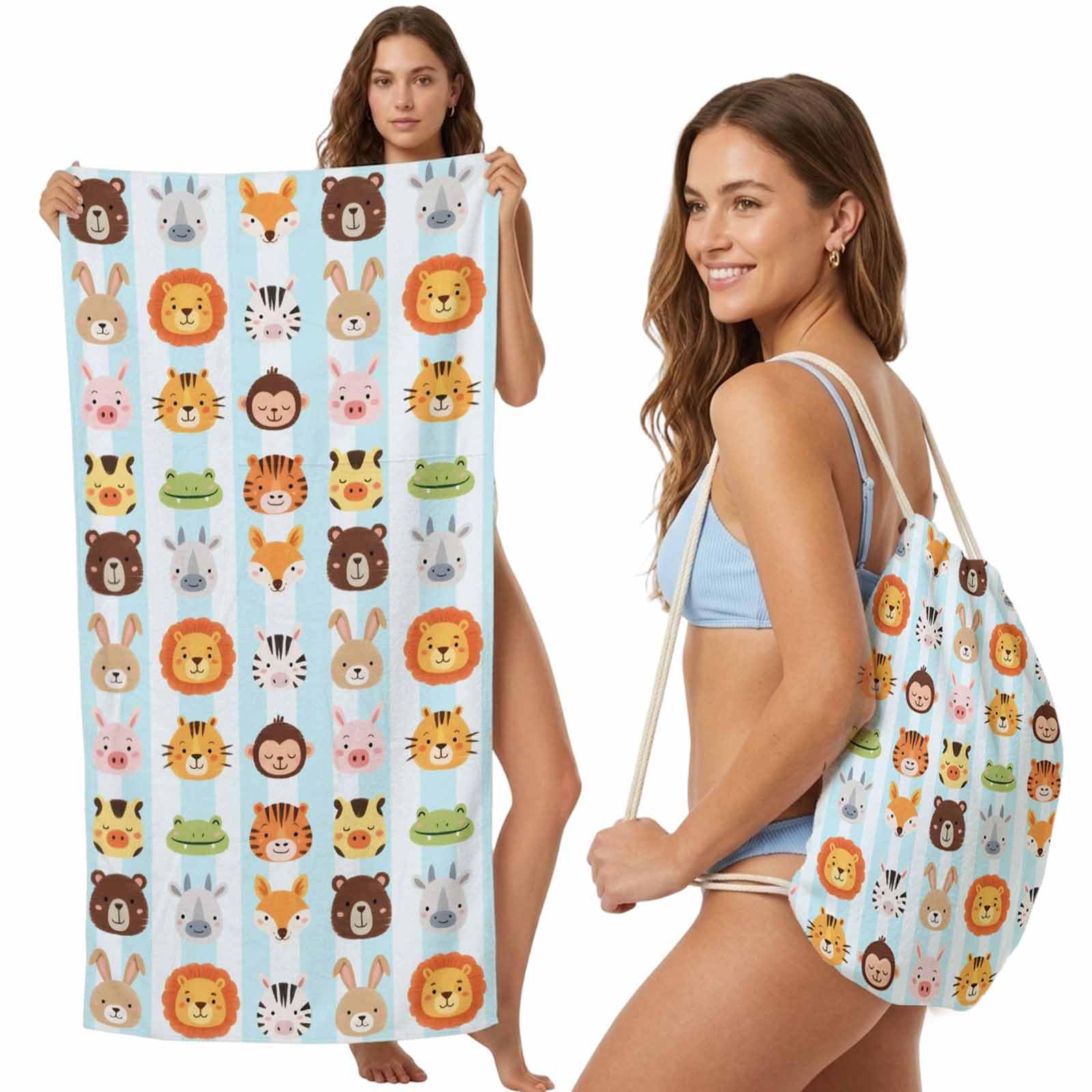FWJZDSP Beach Towel Bag 2 in 1 Animal Zoo Bath Pool Towels Backpack Lion Tiger Monkey Zebra Giraffe Blue Stripes Absorbent Beach Towel Soft Quick Dry Packable Towels Drawstring Bag for Travel Sports